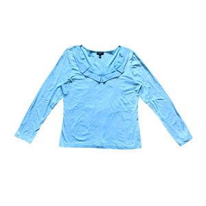 Talbots Blue Ruffled Blouse L Pima Cotton Pleated Feminine Coquette Soft Girl